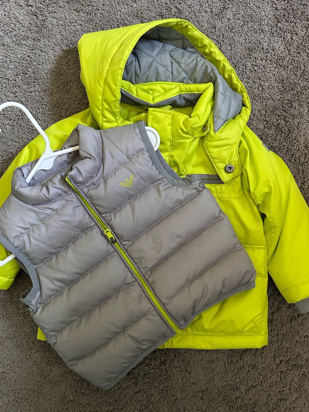 Armani Baby Neon Yellow Hooded Jacket with Gray Puffer Vest